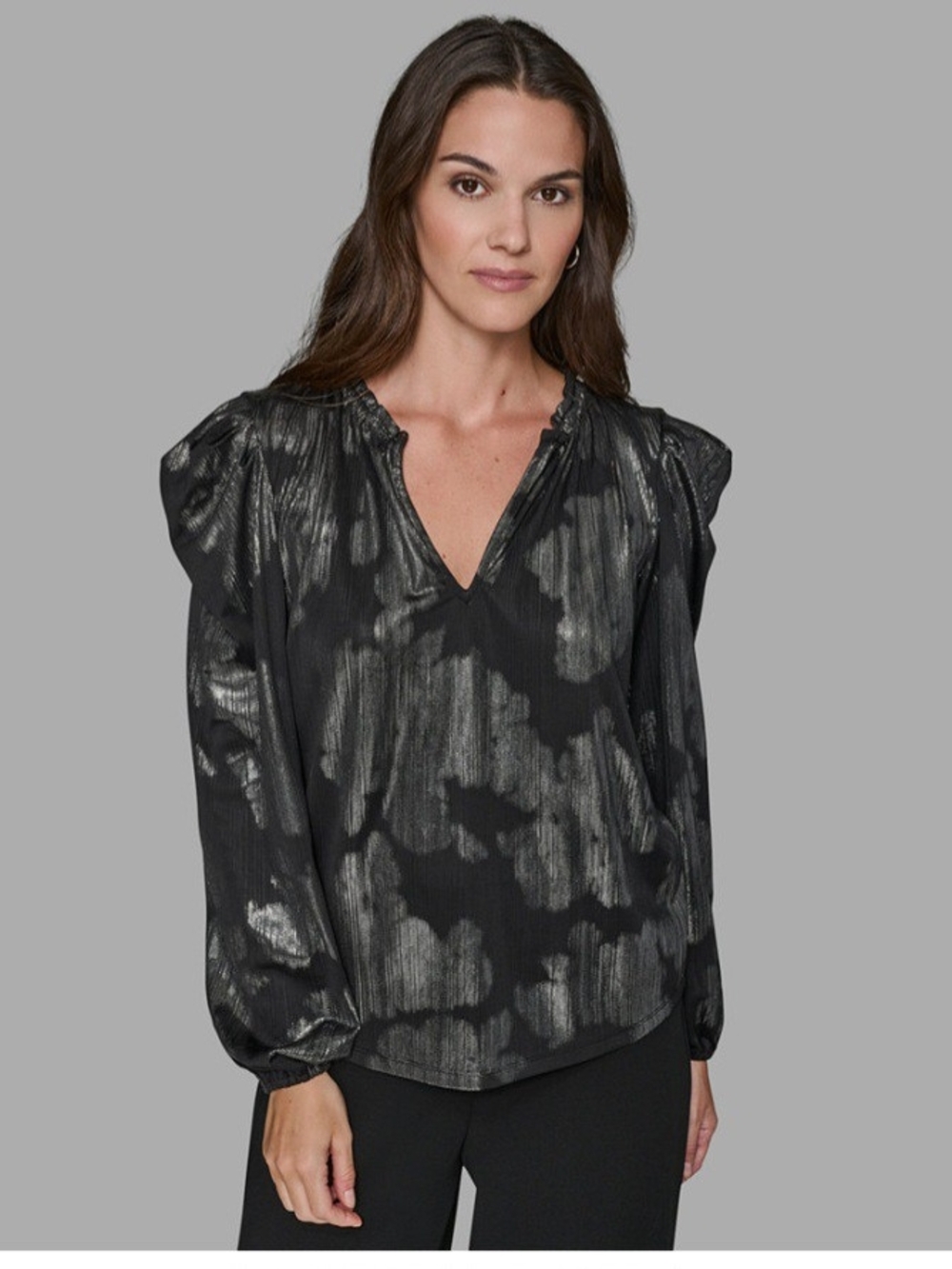 Karl Lagerfeld Black Metallic-Pattern V-Neck Blouse